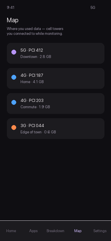 Map screen showing where you used data on the network